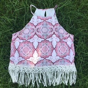 Pink Halter Neck with White Fringe